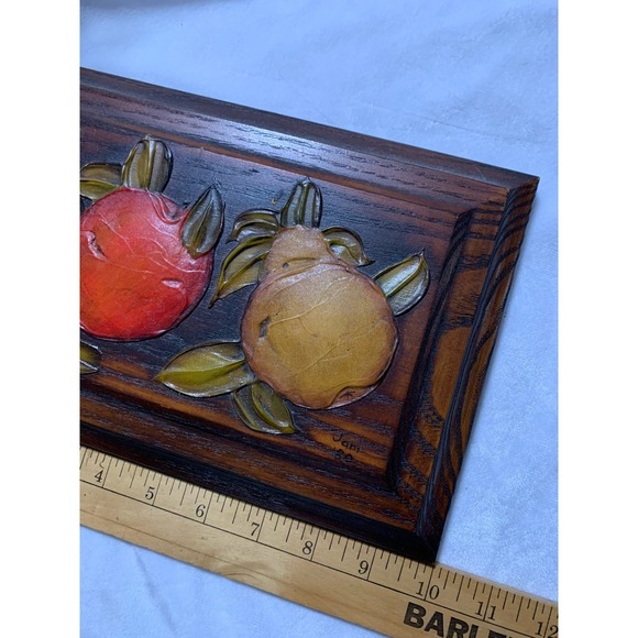 Vintage Hand Painted 3D Signed Floral Fruit Wooden Wall Plaque Art 10x7 - Picture 5 of 6